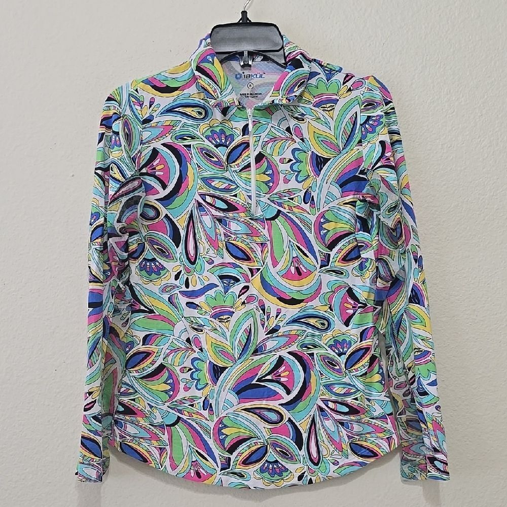 IBKUL Blue and Purple Long Sleeve Fitted Graphic Polo Top